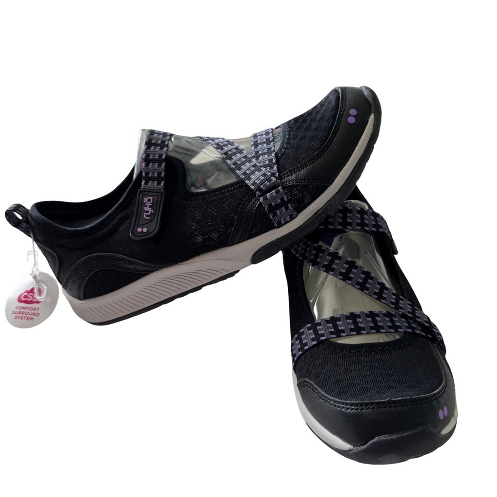 New Ryka Mary Jane Walking Shoes, Size 8, Black Purple Criss Cross Straps - Picture 4 of 11